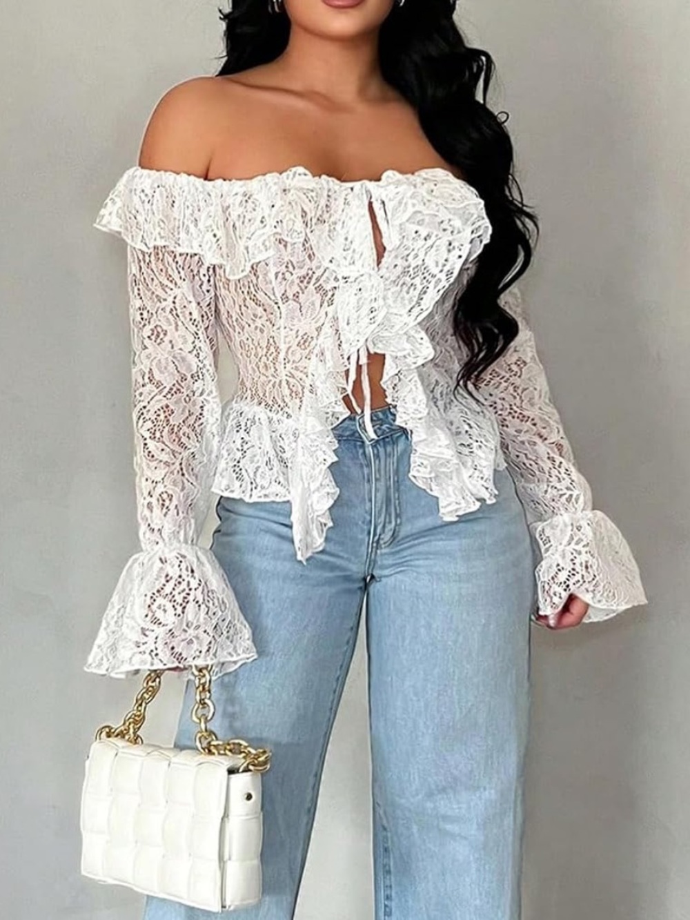 Amazon White Lace Off-Shoulder Ruffle Peplum Top